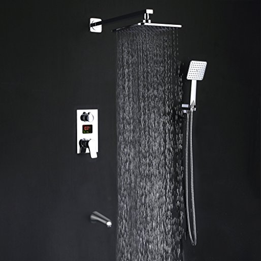 Crotone LED Digital Display 3 Way Shower System Rainfall Shower Set With Handheld Shower and Tub Faucet